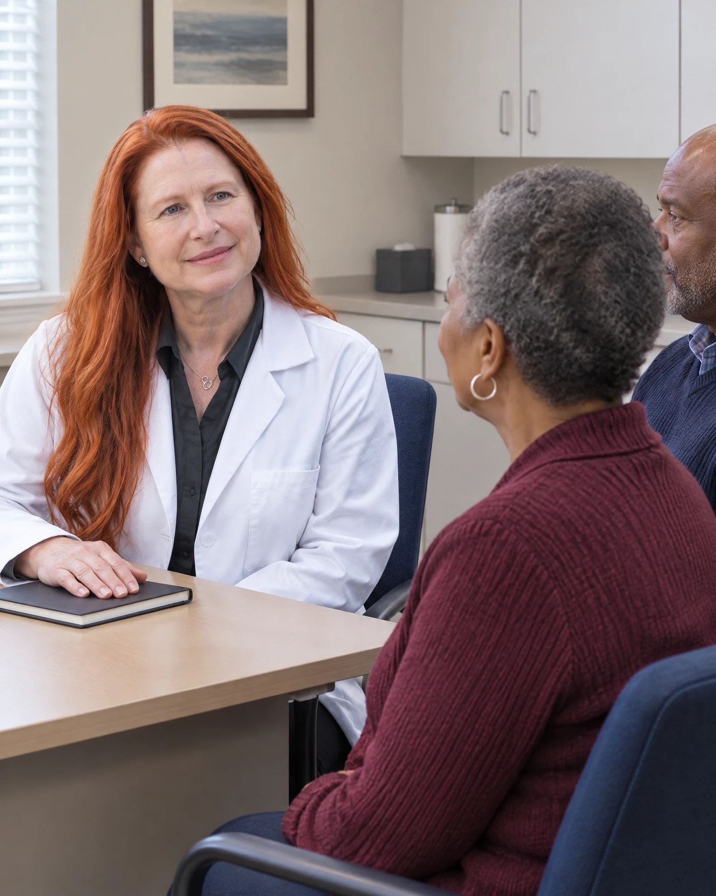 AI-generated illustration of Yvonne Joy speaking with fictional patients, based on her real portrait